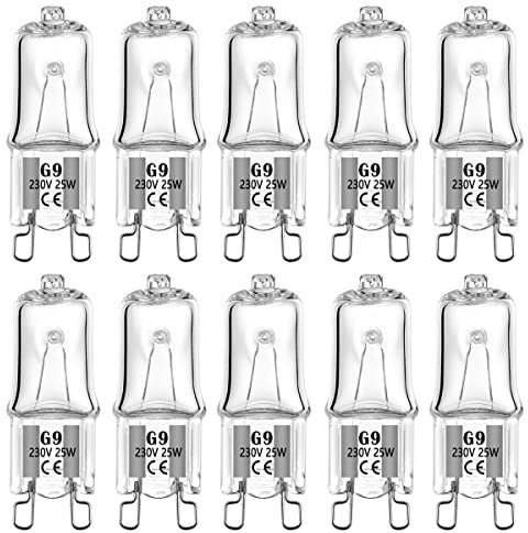 VINBE Lámpara halógena especial G9 25W para lámpara de horno microondas y lámpara de horno, lámpara halógena de 230V tolerante hasta 300 grados C (paquete de 10)