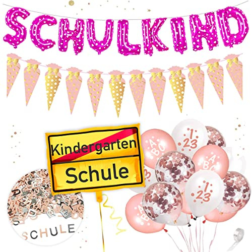 XXL Deko Set zur Einschulung/Schulanfang/Erster Schultag für Mädchen | Girlande + XXL Folienluftballons + 25 Luftballons + Buchstaben-Konfetti