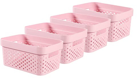 Curver Infinity Dots Set of 4 Storage Baskets, 100% Recycled Resin, Nestable & Multifunctional, 4.5 Litre, Pink