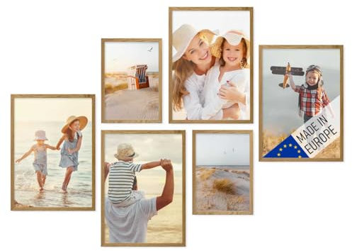 PHOTOLINI Bilderrahmen-Set Eiche, Holzbilderrahmen Made in EU, 6er No.8 Rahmenset, bruchsicheres Acrylglas, zum Aufhängen, extra Zubehör - für Ihre liebsten Fotos & Bilder