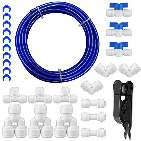 HUAZIZ 10 Meter Raccordo Filtro Acqua ad Osmosi Inversa per Connessione Rapida 1/4 di Pollice, Tubo per Frigorifero,10 M blu (Y+T+I+L Tipo Combo + Valvola di Intercettazione)
