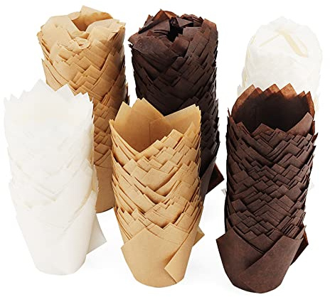 JAPCHET 600 PCS Tulip Cupcake Liners, Tulip Muffin Wrappers Cases for Weddings Birthdays (Brown, White and Coffee)