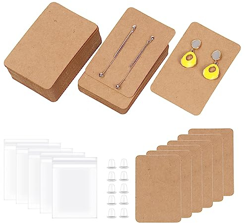 Swpeet Kit Assortimento di 300 Carte Espositive per Orecchini in Colore Pelle, 100 Pezzi da 8,9 x 6,1 cm Carte Quadrate Portaorecchini con Retro in Silicone per Orecchini e Sacchetti Autoadesivi