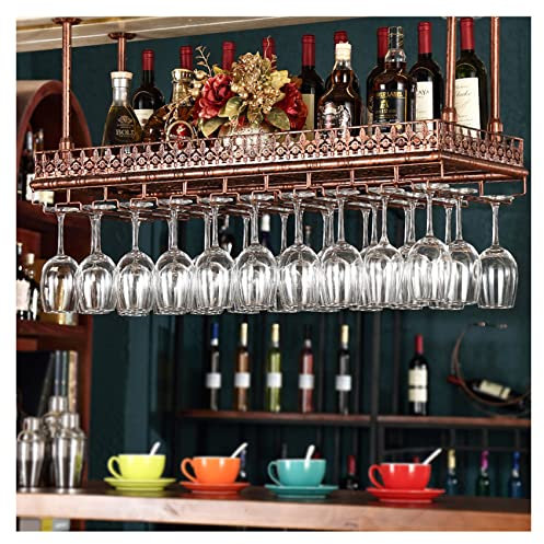 URJWAN Hanging Wine Glass Holder, Ceiling Metal Decoration Shelf, for Bars, Restaurants, Kitchens, Adjustable Height and Width,Bronze-60 * 35cm