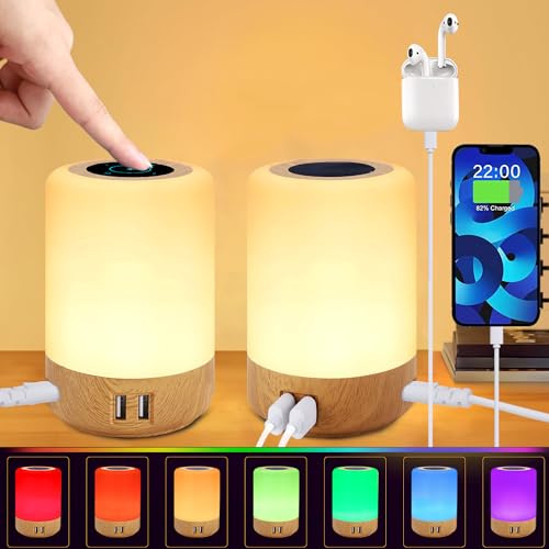 Taipow Nachttischlampe Touch Dimmbar mit 4 USB Ladeanschluss & 8 Farb, 6W LED Tischlampe Rgb Farbwechsel mit Timing Funktion, LED Nachtlicht für Schlafzimmer Wohnzimmer Büro, Kinder (2 Stück)