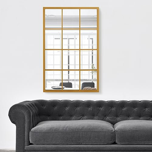 [en.casa] Espejo Cuadriculado de Pared Rectangular con 12 Piezas Cuadradas con Ganchos de Fijación MDF 90 x 60 cm - Dorado
