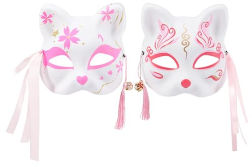 SAFIGLE Lot de 2 masques japonais pour chat : demi-masque rose pour cosplay et Halloween - Polyvalent - Pour enfants et adultes - Design réglable pour le confort