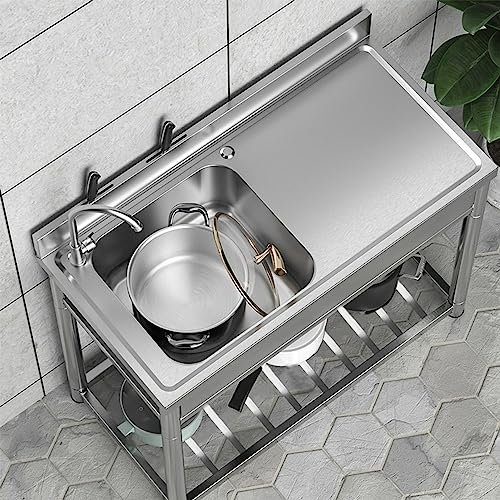 100X50X80CM Évier extérieur Évier de cuisine en acier inoxydable, Évier utilitaire sur pied à une cuve, Évier autoportant avec plan de travail et robinets d'eau, Évier de cuisine avec support