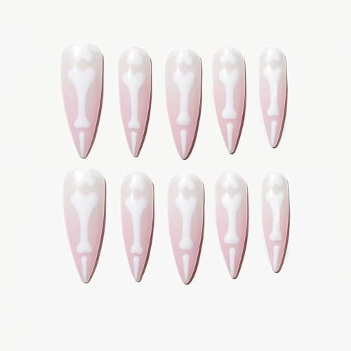 Sun&Beam Nails Handgefertigte Press-On Long Stiletto Nude-Rosa (#127 M) | Nude-Rosa und Weiß mit Herz- und Knochenmotiv, glänzendem Finish, als 10-teiliges Set