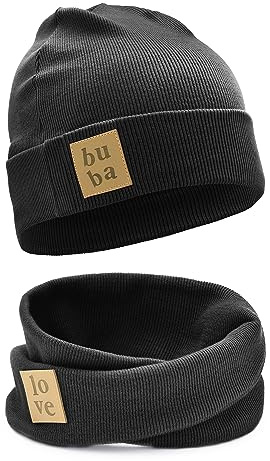 Bubalove Kindermütze Herbst/Winter + Schornstein Set für Mädchen, Jungen, Baby Mütze, Handmade Kopfbedeckung, DIY Schal und Mützenset für Kinder, Schwarz 9+ Jahre