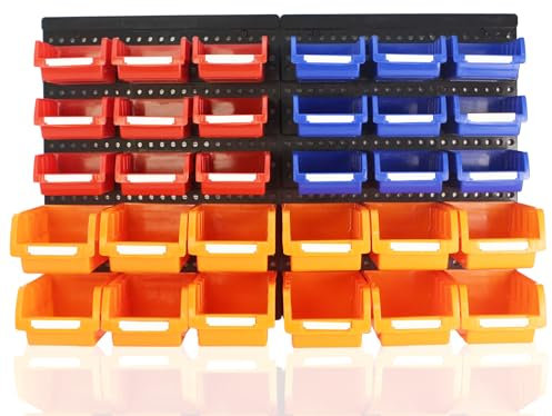 GAMPRO Stapelboxen 30 tlg. Erweiterbar Etikettenfach Stabil Stoßfest Starke Wandplatten Wandregal Werkstattregal Werkzeuglochwand Kleinteilemagazin, Schwarz, Polypropylen (PP)