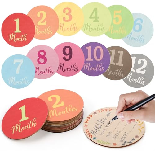 Wooden Monthly Baby Milestone Cards,Monthly Milestone Wood Discs,13 Pack Digits Printed Baby Months Signs Wood Gift Baby Announcement Props,Milestone for Baby boy Girl