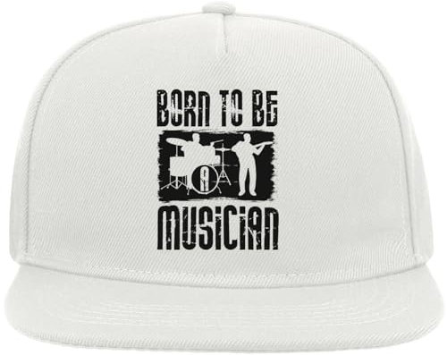 Atspauda Born to Be A Musician Batteur Guitariste Noir Graphic Snapback Casquette plate en coton mélangé Blanc, blanc, Taille unique