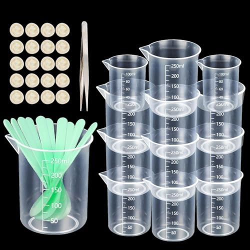 HXJDAM 10 Stück Messbecher Kunststoff mit Maßstab Set 250 ml 100 ml | Messbecher ml, mit Rührstäbe, Spitze Pinzetten & Fingerlinge, für Basteln, Gießformen, Schmuckherstellung, Labor und Küche