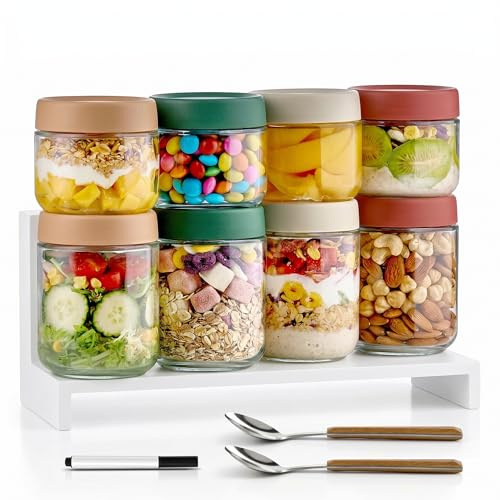 Qipecedm 8 Pack Overnight Oats Containers with Lids, Large & Small Glass Mason Jars 16oz & 10 oz, Breakfast Oatmeal Container to Go, Salad Meal Prep Jars for Food Storage, Mush Chia Seed Pudding Jars
