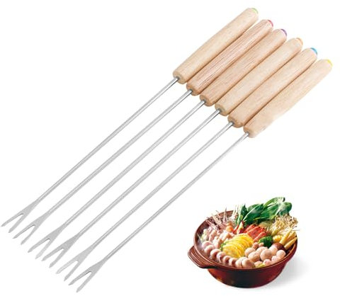 Fonduegabeln, Lange Gabel, 6 Stück, Edelstahl-Fonduegabeln, Käsefondue-Sticks, Fondue-Sticks mit Holzgriff für Schokoladenkäse