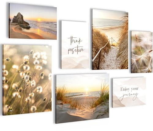 Novart Wandbilder Strand Meer Boho - KOMPLETT AUFHÄNGFERTIG - Beige Wohnzimmer Schlafzimmer Flur - 7 Moderne Mood-Bilder - N034771a