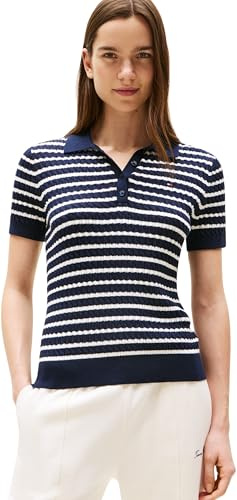Tommy Hilfiger Polo Manches Courtes Femme Cable Sweater avec Patte de Boutonnage, Multicolore (Dark Night Navy/Ivory Silk STP), M