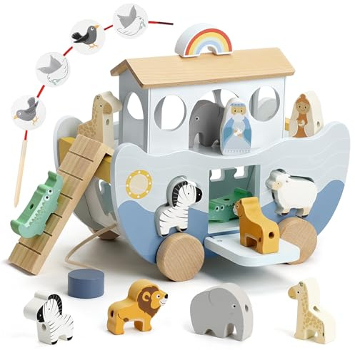 Joyreal Arche Noah Holz - Taufgeschenke für Mädchen Jungen Kinder, Montessori Spielzeug Lernspielzeug mit Bauernhof Spielzeug Sortier Stapel, Geschenk Taufe