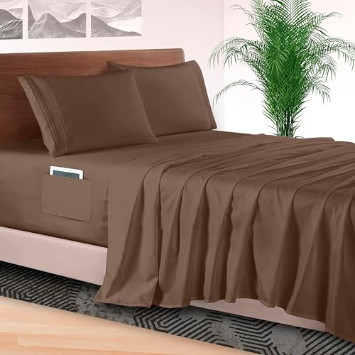 Elegant Comfort Parure de lit 4 pièces raffinées, Microfibre 1 500 Fils/cm² qualité hôtel, Drap-Housse élastique à Bonnets Extra Profonds 46-61 cm, TwinSize/Twin Size XL, Marron