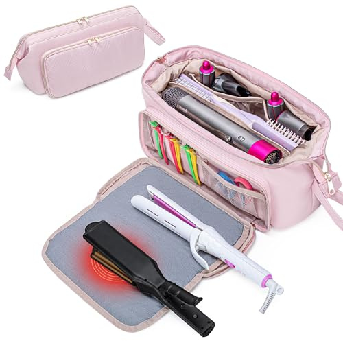 Fasrom Bolsa de Viaje para Herramientas de Peluquería con Alfombrilla Resistente al Calor para Plancha, Rizador y Alisador, Estuche 2 en 1 para Secador de Pelo, Rosa (Diseño Patentado)