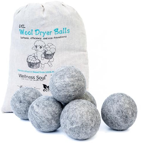 Woll-Trocknerbälle - 6er Set - Natürlicher Weichspüler, Wiederverwendbar, Reduziert Falten und Trockenzeit, Anti-Statik, Große Filz-Wollbälle – Bessere Alternative zu Plastikbällen (Grau)