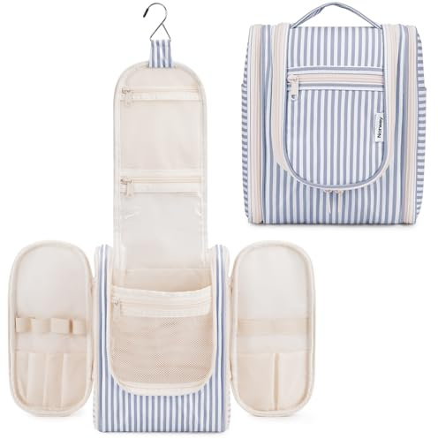 Narwey Klein Kulturbeutel Damen & Kulturbeutel Herren - Kinder Kulturtasche Zum Aufhängen & Männer Kosmetiktasche - Waschtasche für Frauen & Mädchen (Graublaue Streifen (Klein))