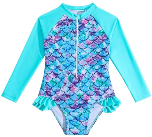 WYTbaby Girls Swimming Costume Mermaid Long Sleeve Swimsuit Girls One Piece Summer Rash Guard for Girls 7-8 Years Green