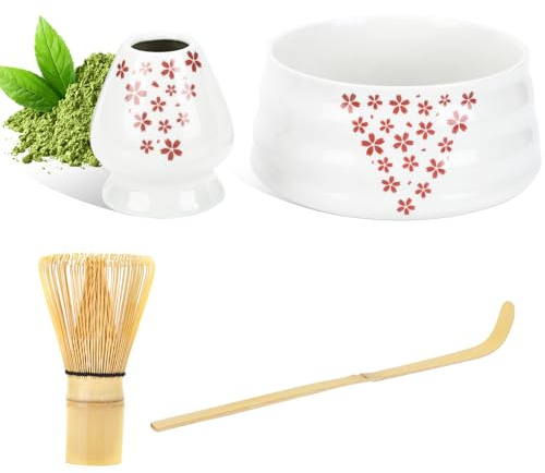 Kit à matcha (4 pièces) - Ensemble de fouet à matcha avec bol en céramique de 500 ml, cuillère à matcha, fouet en bambou, porte-fouet, kit de fabrication de matcha pour cérémonie traditionnelle du thé