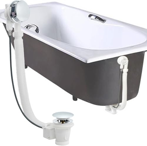 QSLKI G1 1/2 Bath Waste and Overflow Kit, 48 cm, Plastic Bath Waste with Overflow and Plug Chrome Finish, Upgraded Bath Waste and Overflow Kit Chrome Pop Up Bath Plug Bath Drain, Waste Drain Replacem