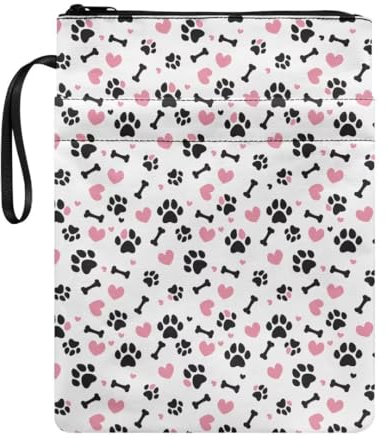 Buchumschlag Buchhülle, leicht, Buchschutz mit Reißverschluss, waschbarer Stoff, Buchtasche, 29,5 x 22,6 cm, für Buchliebhaber, Love Bone Paaw Weiß