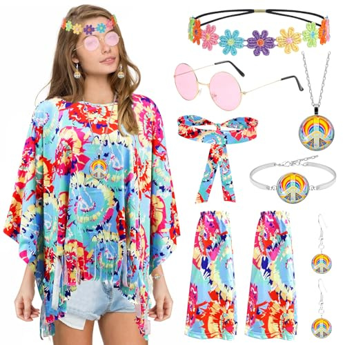 Saier tbo 8 Stück Hippie Kostüm Damen Set, 70er Jahre Flower Power Kleidung mit Poncho Stirnband Beinstulpen Halskette Brille Haarband Ohrringe Armband für Karneval Fasching Cosplay Retro-Mottoparty