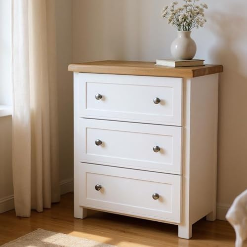 GROF Furniture Chest with 3 Drawers, Snow White Living Room Sideboard, 3 Drawer Storage Chest for Bedroom, Hallway or Living Room, Ready Assembled Wooden Storage Chest of Drawers
