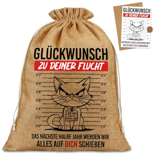 Abschiedsgeschenk Kollegen Lustig – Jutebeutel 40×30 cm mit Abschiedskarte Kollegen– Glückwunsch zu deiner Flucht – Geschenk für Kollegen zum Abschied, Ruhestand, Rente oder Jobwechsel