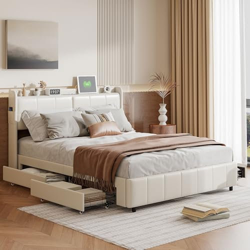 Fofetbfo Polsterbett 140x200 cm,Bett mit Schublade, Kopfteil mit USB-Ladefunktion, Doppelbett mit Stauraum und Lattenrost, Jugendbett Stauraumbett Funktionsbett Bettgestell, PU-Lede (Weiß, 140x200cm)
