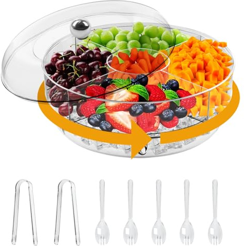 Ruaizel Plateau de service réfrigéré rotatif avec couvercle, boîte à fruits réfrigérée pour la maison, mariage, fête de Noël, boîte à goûter transparente
