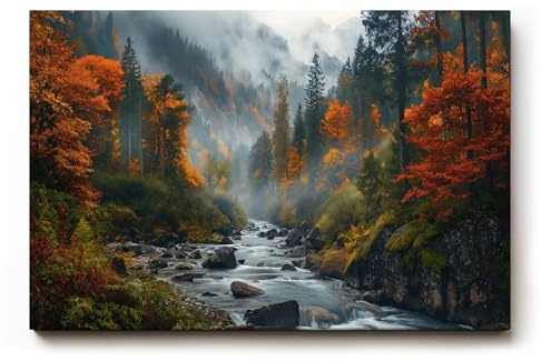 Sinus Art Tableau mural, 60 x 40 cm, motif naturel d'ambiance avec ruisseau fluide dans la forêt d'automne brumeuse, vivant et profond
