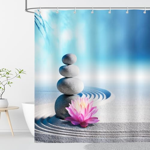 OCEUMACO Zen Tenda Doccia Antimuffa 180x200 cm Tessuto in Poliestere Fiori di Loto Tenda per Doccia Impermeabile Tende Vasca da Bagno con Anelli e Occhielli Lavabile Lavatrice - Blu Grigio
