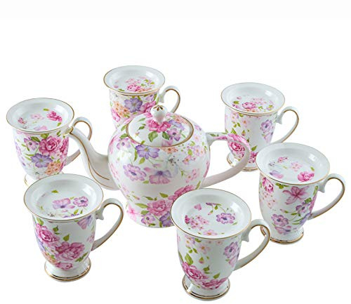 KazeRyu Juego De Té De Porcelana China For Adultos: Tetera Rosa Con 6 Tazas De Gran Capacidad, Ideal For El Té Y El Café De La Tarde.