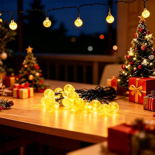 Guirlande Lumineuse Extérieur Solaire, 60 LED 11 m, Blanc Chaud, IP65, Résistante à l'hiver, Capteur Crépusculaire, 12 Heures de Lumière Continue, pour Jardin, Patio, Mariage, Fête, Noël