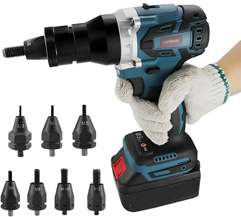 LMYYDES Outil à Riveter sans Fil 26 V, Pistolet à Riveter à Batterie 5 200 mAh avec têtes M3, M4, M5, M6, M8, M10, M12, Inserts filetés borgnes Professionnels 2x5200mah