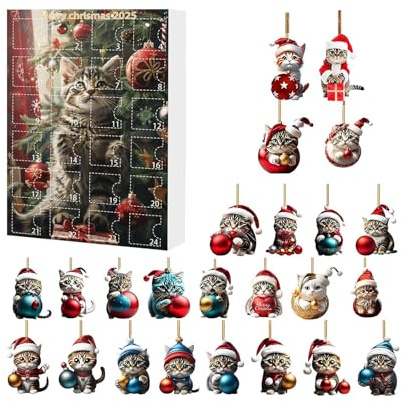 Calendrier De L Avent Pour Noel 2025, Chat Compte À Rebours en Acrylique 2D, Pendentif de Noël Mignon pour Femme Sœur Amie Enfant Fille