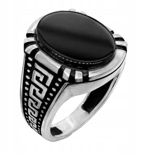 Ulex Premium 925 Sterling Silber Ringe Herren Siegelring mit schwarzem Onyx und griechischem Muster edler Ring Männer Schmuck stilvoll Größe 60
