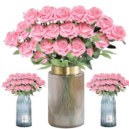 Fausse Fleur Artificielles Roses, 12 Pièces Longues Tiges Fausse Roses, 19.68in Faux Rose Bouquet, Fleurs Artificielles de rose, pour Bouquets de Mariée, Mariages, Décorations de Fête (Rose)