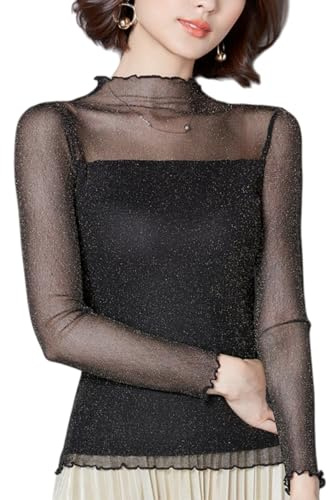 DUOYIJIN Women Shiny Sheer Long Sleeve Top, Sexy See Through Ruffled Mock Neck Mesh T-Shirt Glitter Lace Blouse with Lined Slim Fitted Basic Shirt Undershirt Going Out Clubwear Party Top (Black-L)