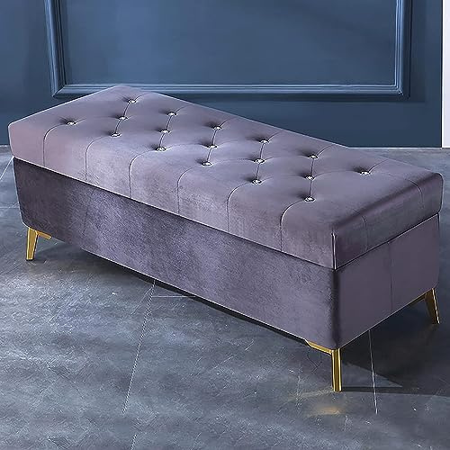 Lyxig mörkgrå sammetsottoman med kristallknappar modern förvaring fotstöd för vardagsrum och entré snyggt stoppat säte (100 x 42 x 45 cm)