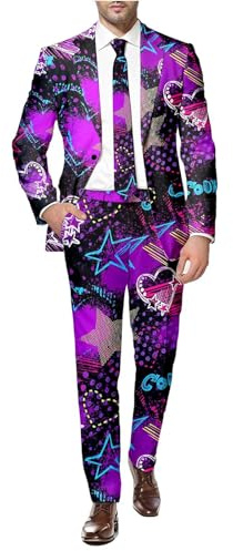 Duohropke Vestito da uomo per San Valentino, 2 pezzi, slim fit, costume da uomo, divertente per feste, per San Valentino, elegante blazer e stampa a cuore, elegante abito da sposa, Lilla, M