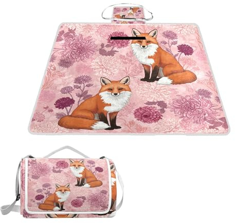 ALAZA Rechteckige, wasserdichte Picknickdecke, Fuchs in Blumen, tragbar, faltbar, für den Innenbereich, für Reisen, Wandern, Camping, Park, 150 cm x 145 cm