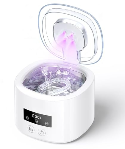Pulitore Ultrasuoni,50000Hz Ultrasonic Cleaner con 4 Luci Automatiche di Pulizia UV,250ML Clean Pod 4 Modalità per Apparecchio Denti, Protesi Dentali,Maschere Denti,Gioielli,Bianco