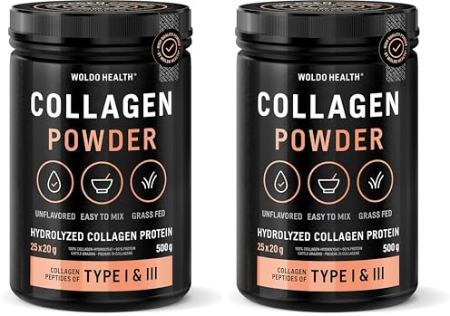 WoldoHealth Kollagen Pulver 500g Typ I & III - Hydrolysiertes Collagen Protein Peptide, Rinderkollagen aus Weidehaltung, Geschmacksneutral & Leicht Löslich, Ohne Zusatzstoffe (Packung mit 2)